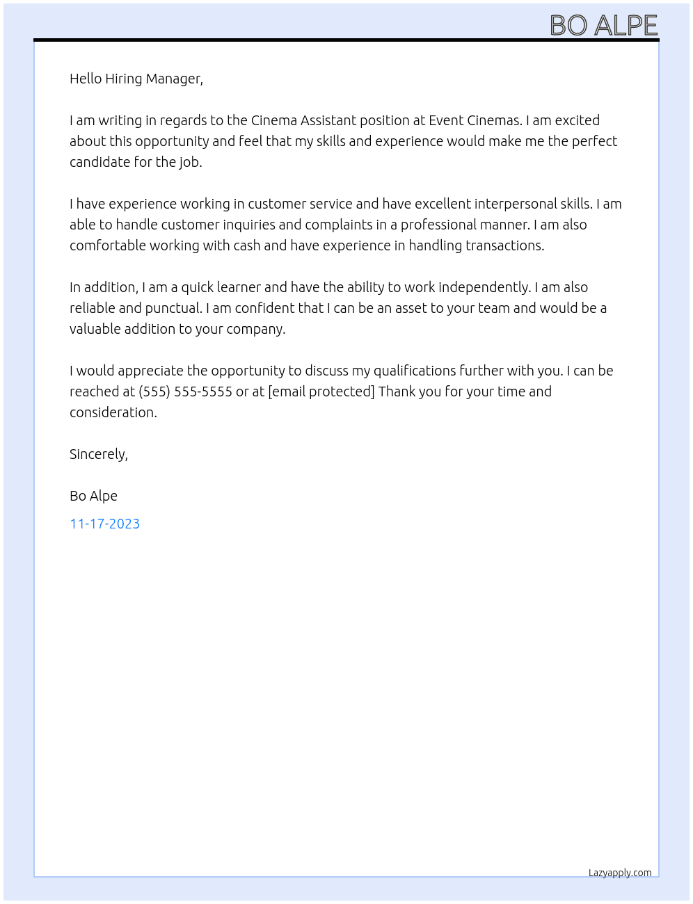Cinema Assistant  At Event Cinemas  Cover Letter