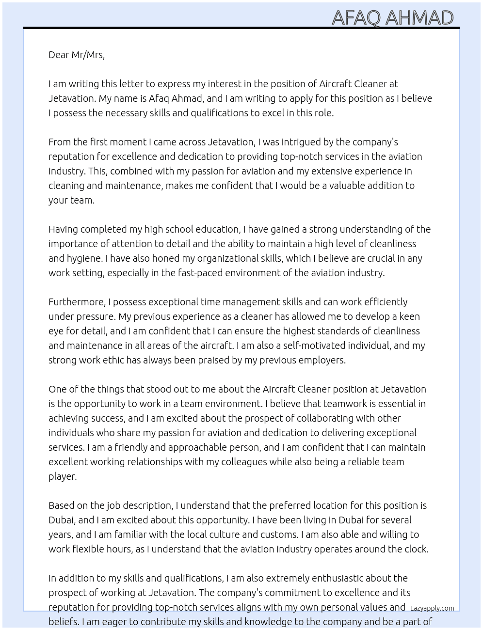 Aircraft cleaner  At Jetavation  Cover Letter