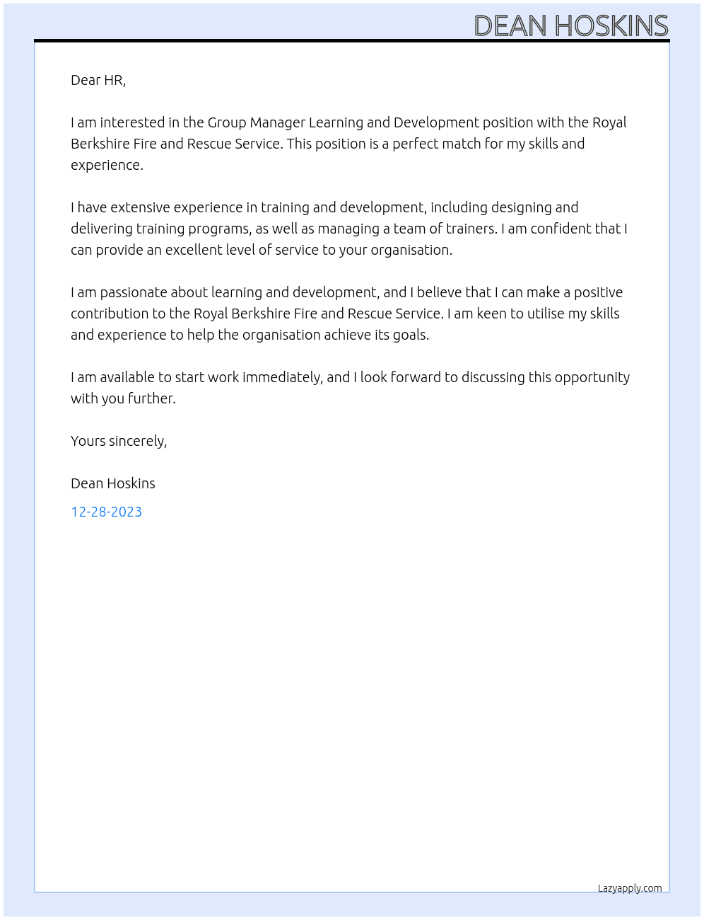 Group Manager Learning and Development At Royal Berkshire Fire and Rescue Service Cover Letter