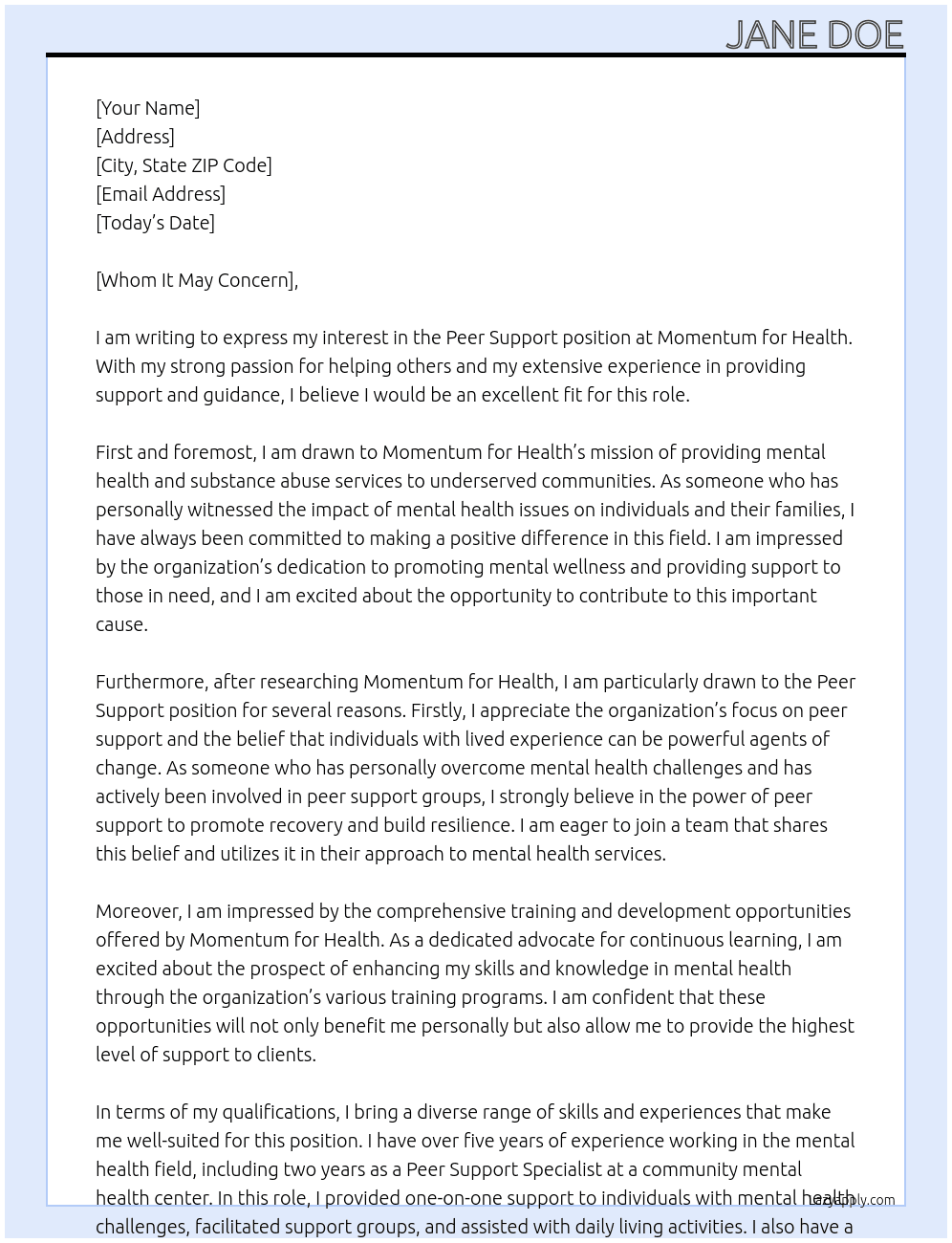 Peer support At Momentum for health Cover Letter