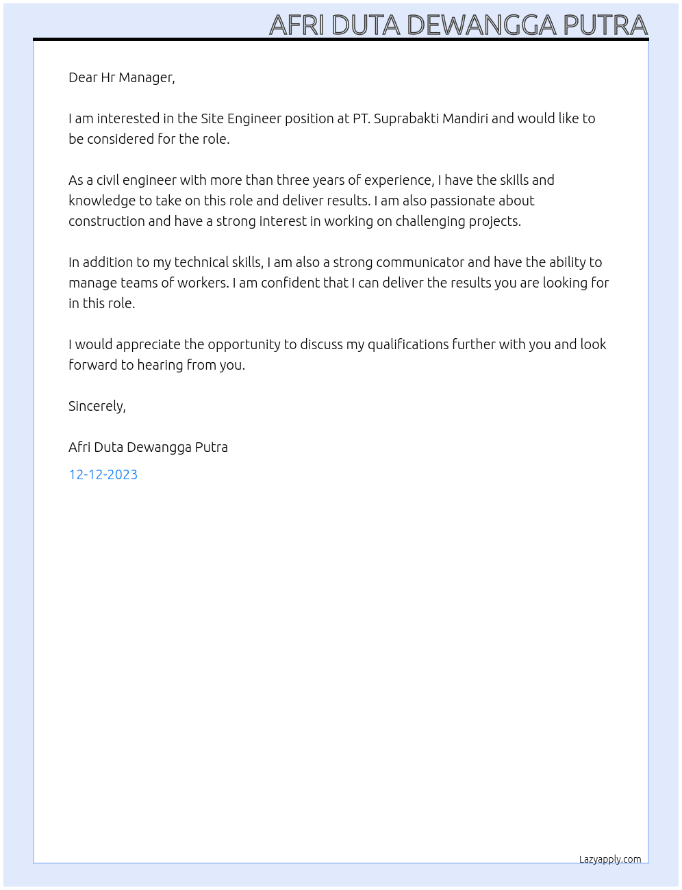 Site Engineer At PT. Suprabakti Mandiri Cover Letter