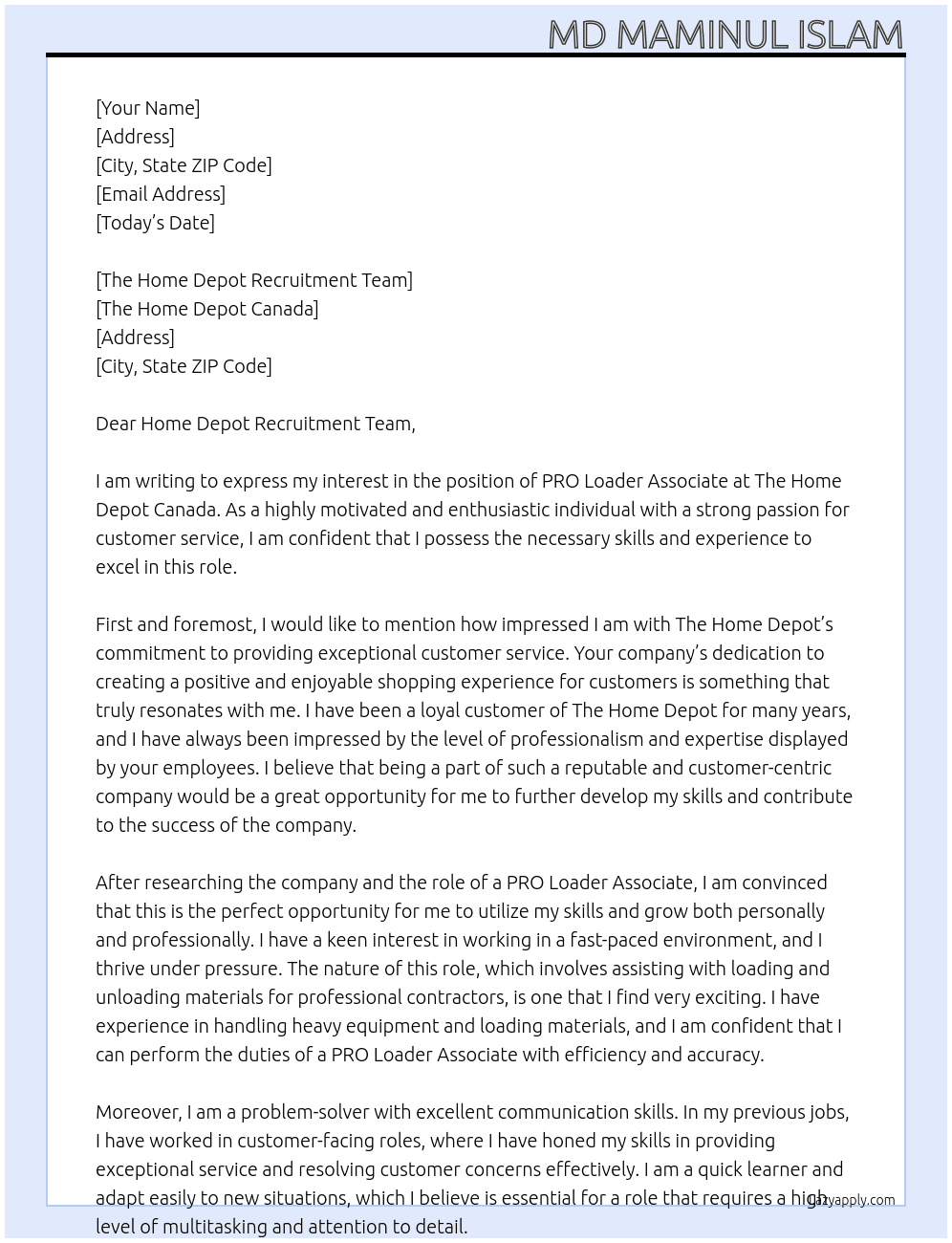 PRO Loader Associate At The Home Depot Canada Cover Letter