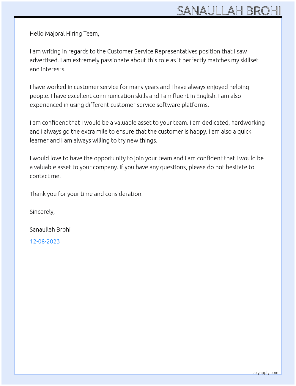 Customer Service Representatives with fluent English At Majoral Cover Letter