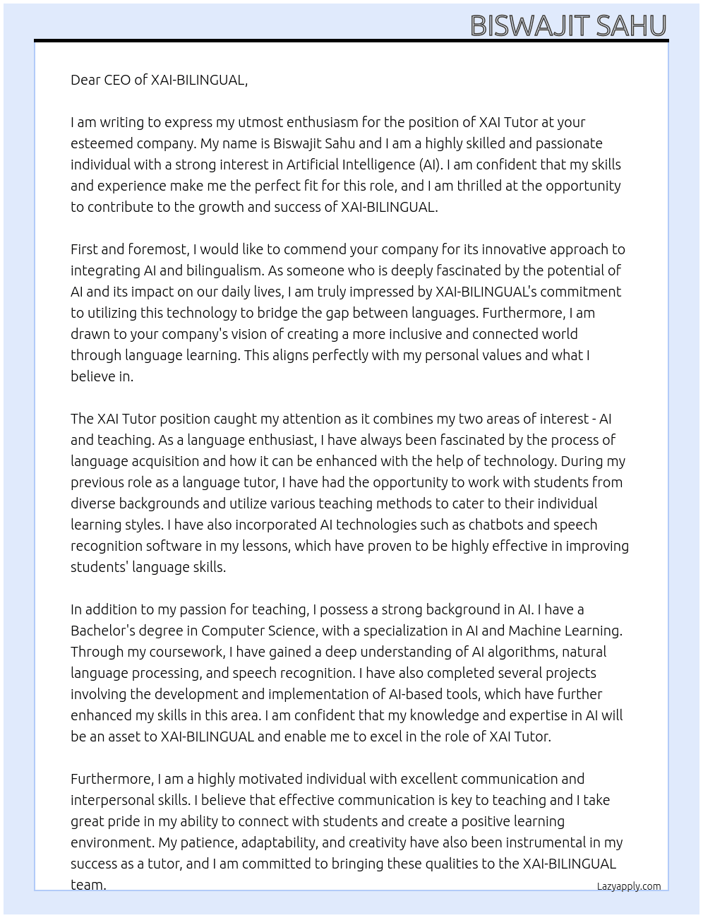 XAI TUTOR  At XAI - BILINGUAL Cover Letter