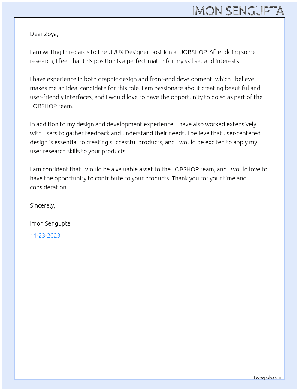 UI/UX Designer At JOBSHOP Cover Letter