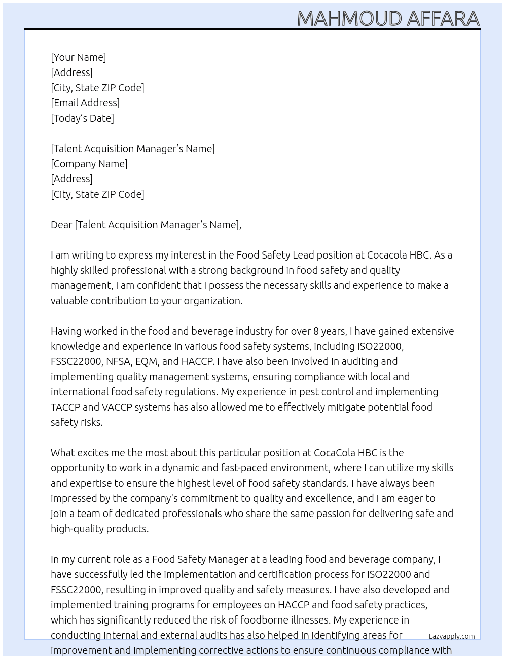 Food Safety lead At Cocacola HBC Cover Letter
