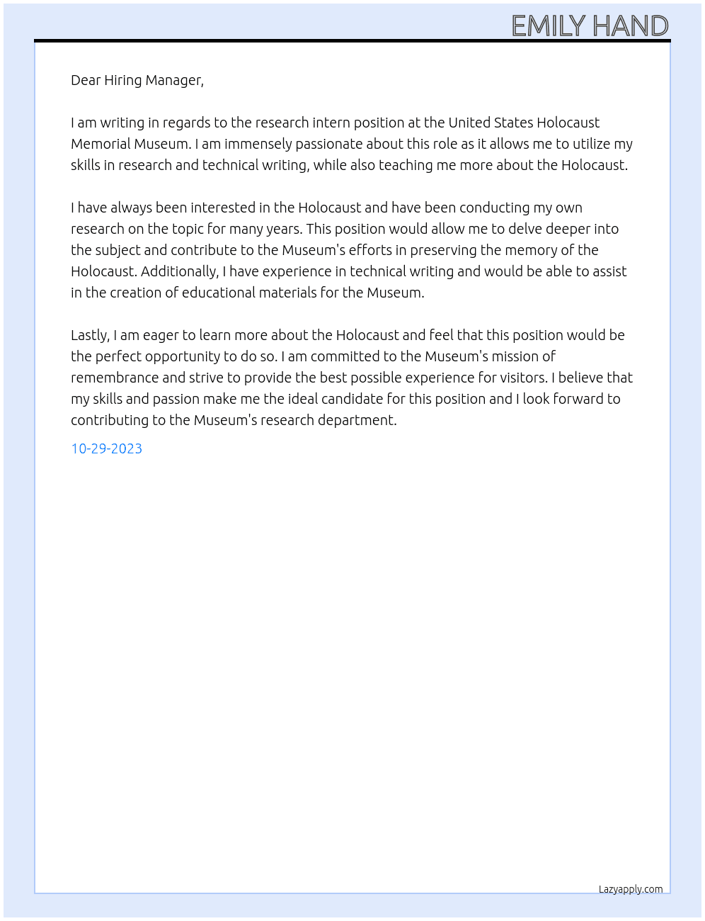 Research Intern At United States Holocaust Memorial Museum Cover Letter