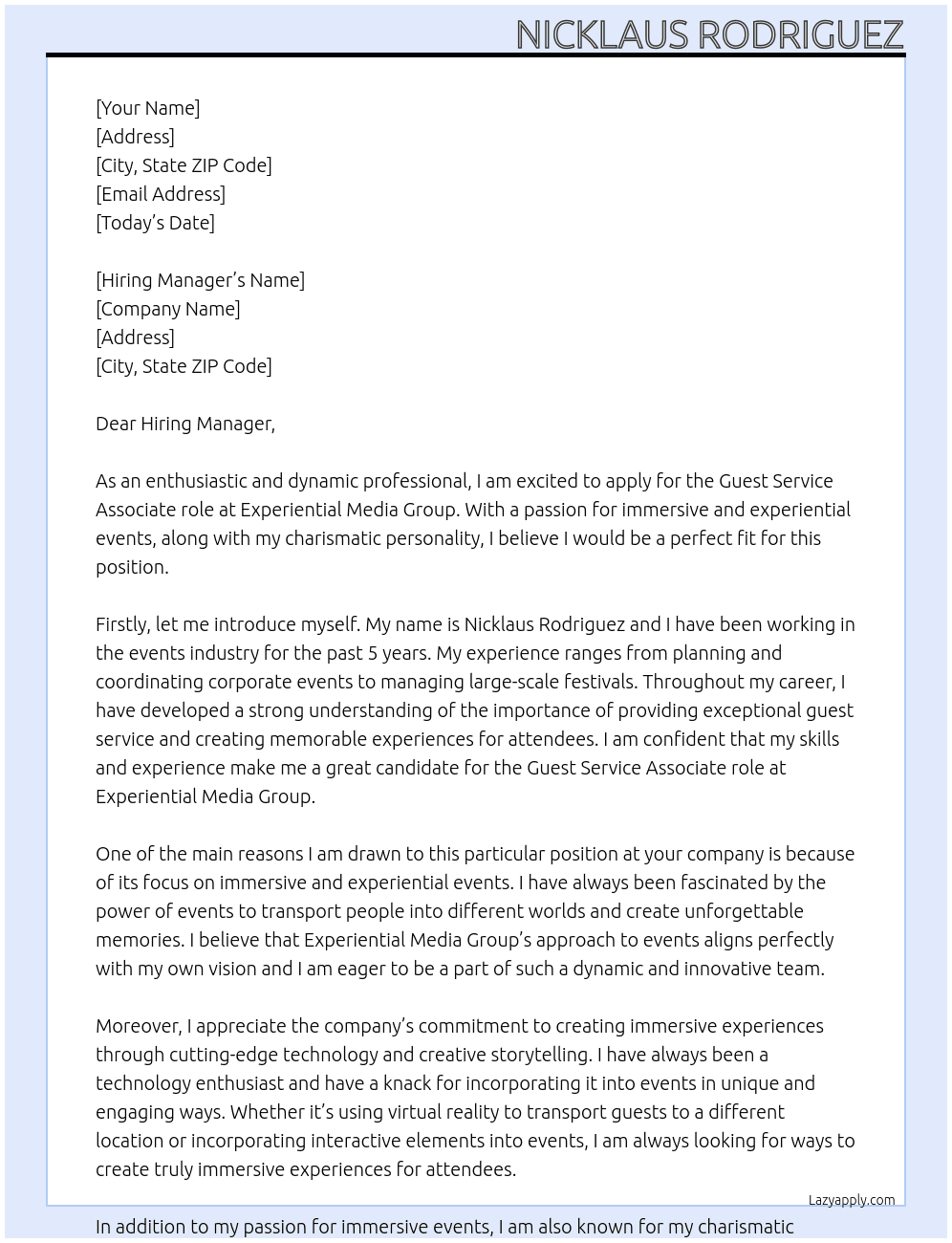 Guest service associate At Experiential media group Cover Letter