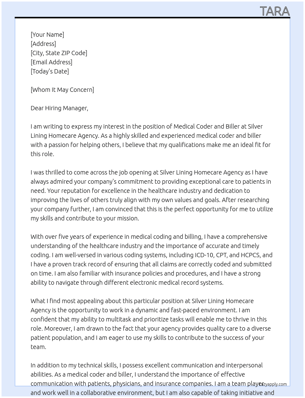 Medical coder and biller At Silver Lining Homecare Agency  Cover Letter