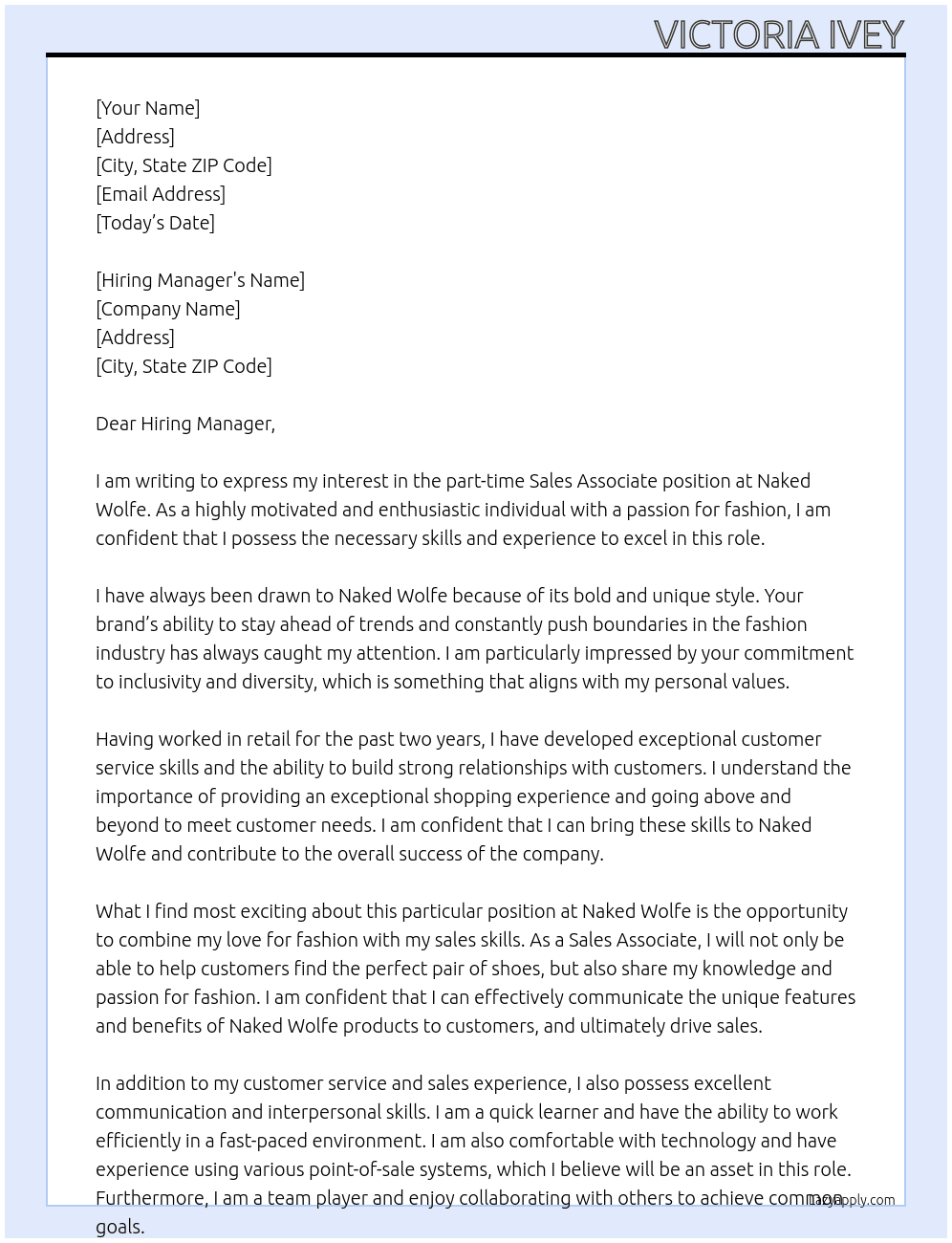 Part-time Sales Associate At Naked Wolfe Cover Letter