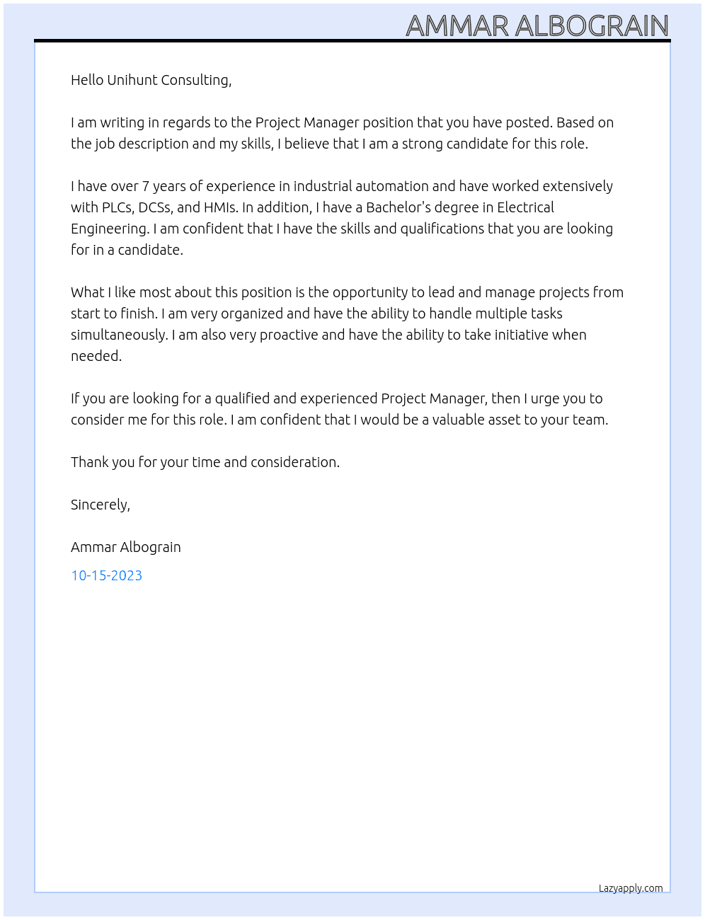 Project Manager At Unihunt Consulting Cover Letter