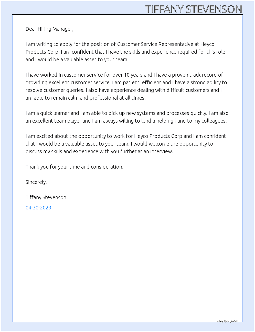 Customer Service Representative At Heyco Products Corp. Cover Letter
