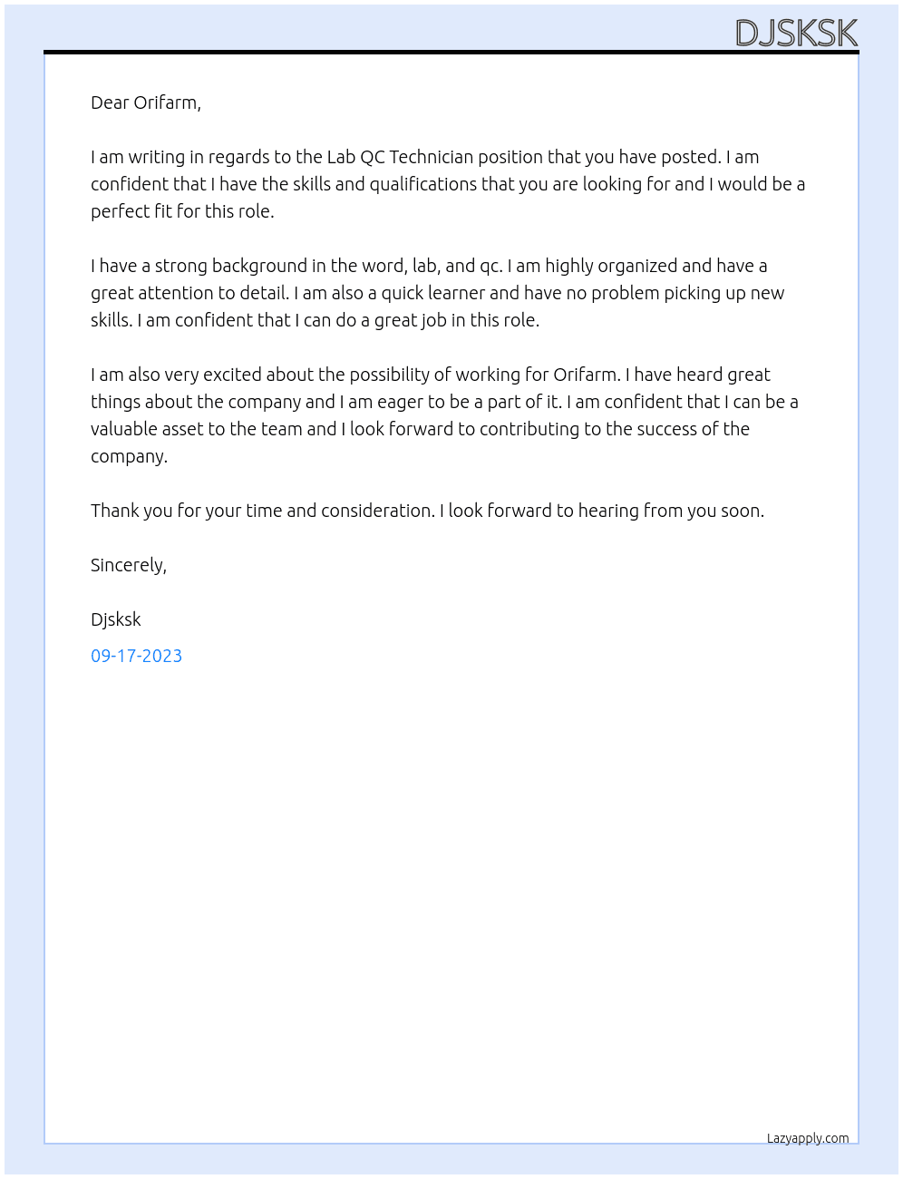Lab QC Technician At Orifarm Cover Letter