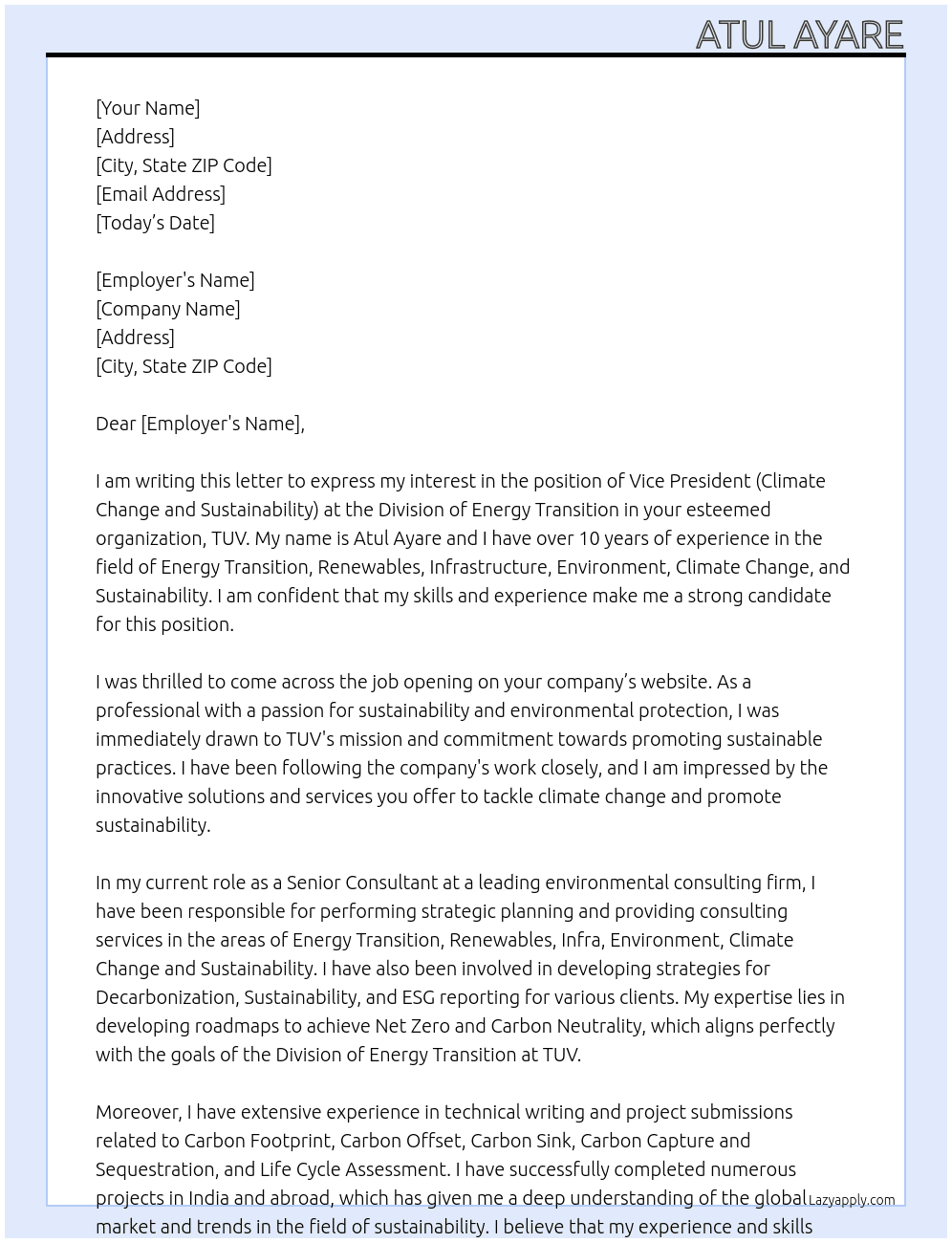 Vice President (Climate Change and Sustinability) at Division of Energy Tranistion At TUV Cover Letter