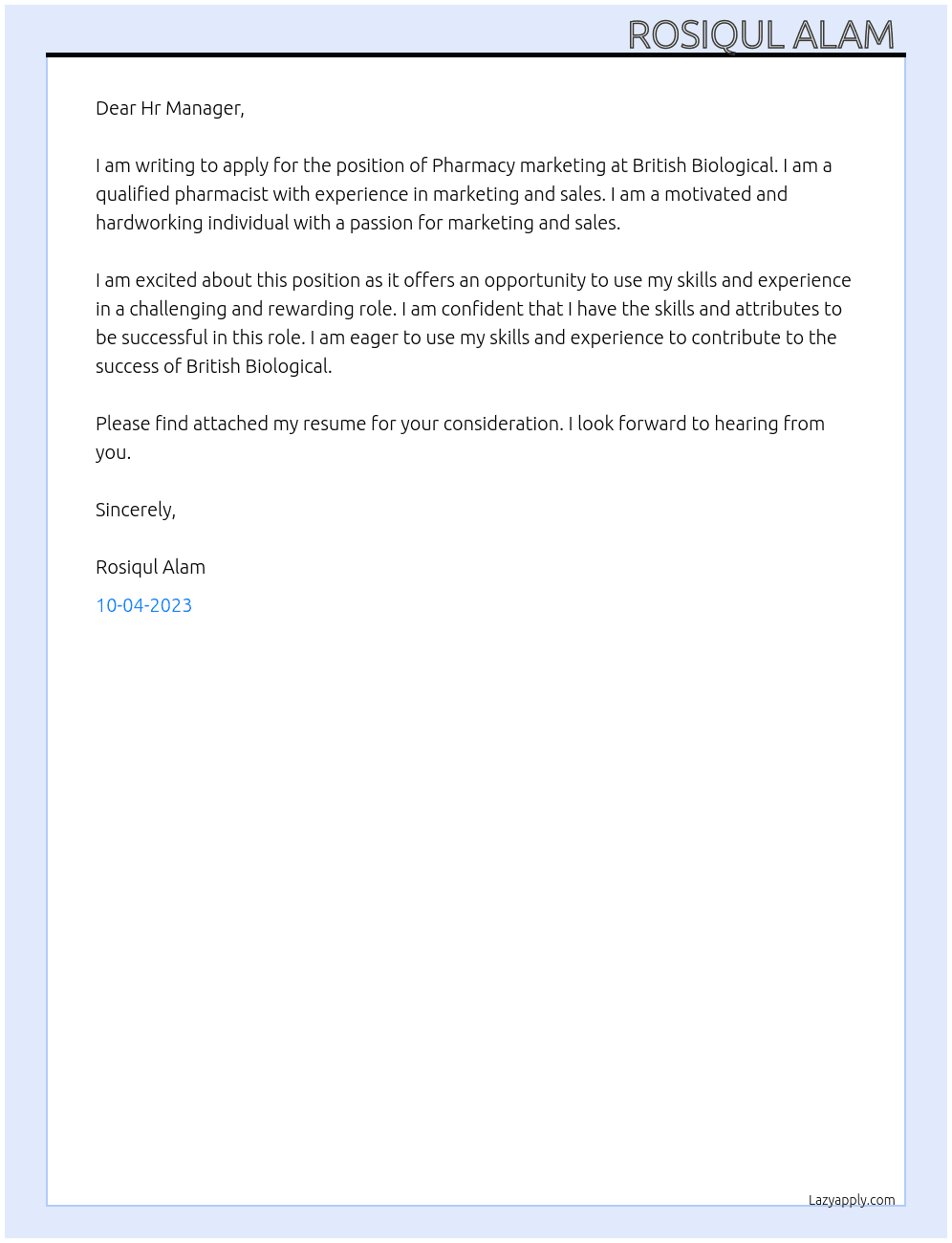 Pharmacy marketing  At British Biological  Cover Letter