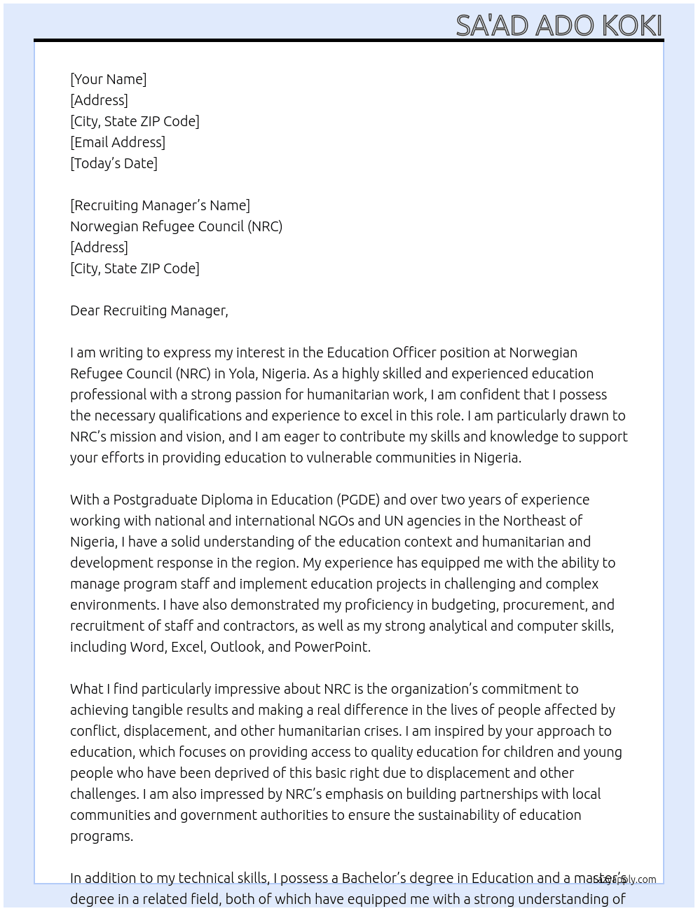 Education Officer Nigeria Yola At Norwegian Refugee Council (NRC) Cover Letter