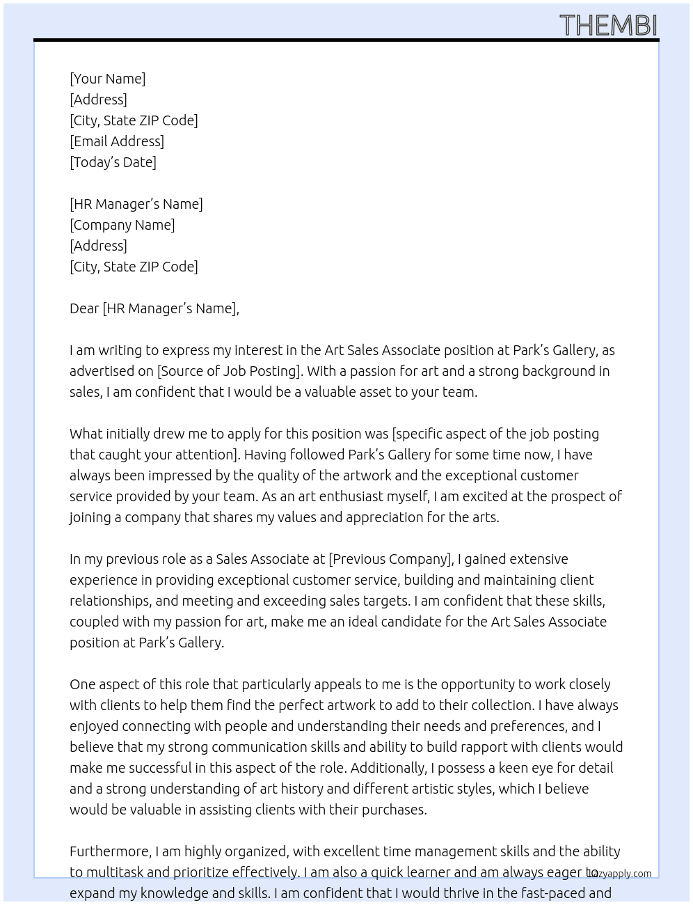 Art Sales Associate At Park’s Gallery  Cover Letter