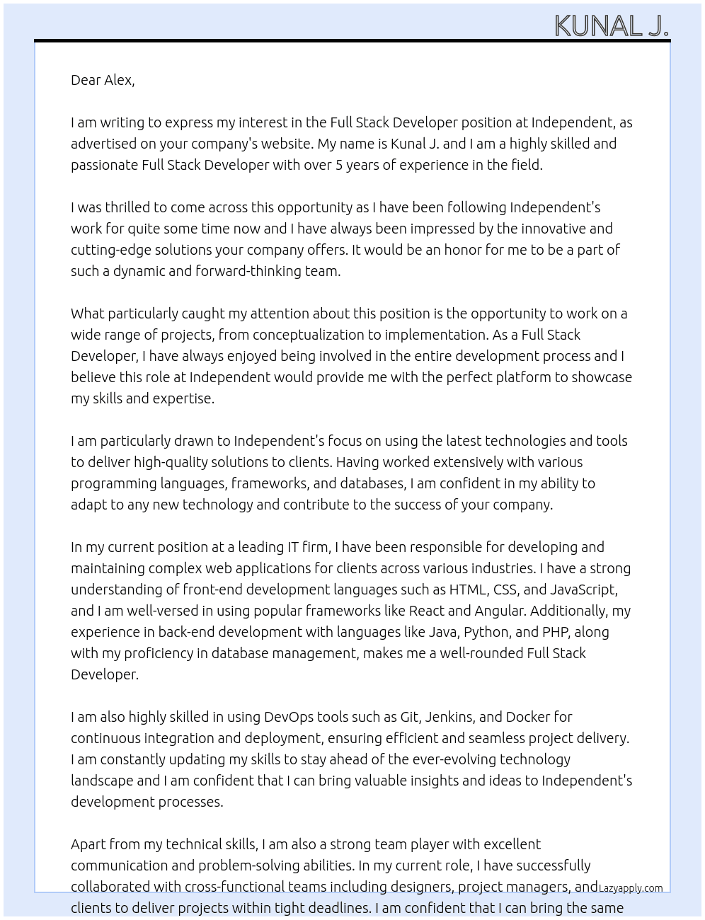 Full Stack Developer At Independent Cover Letter