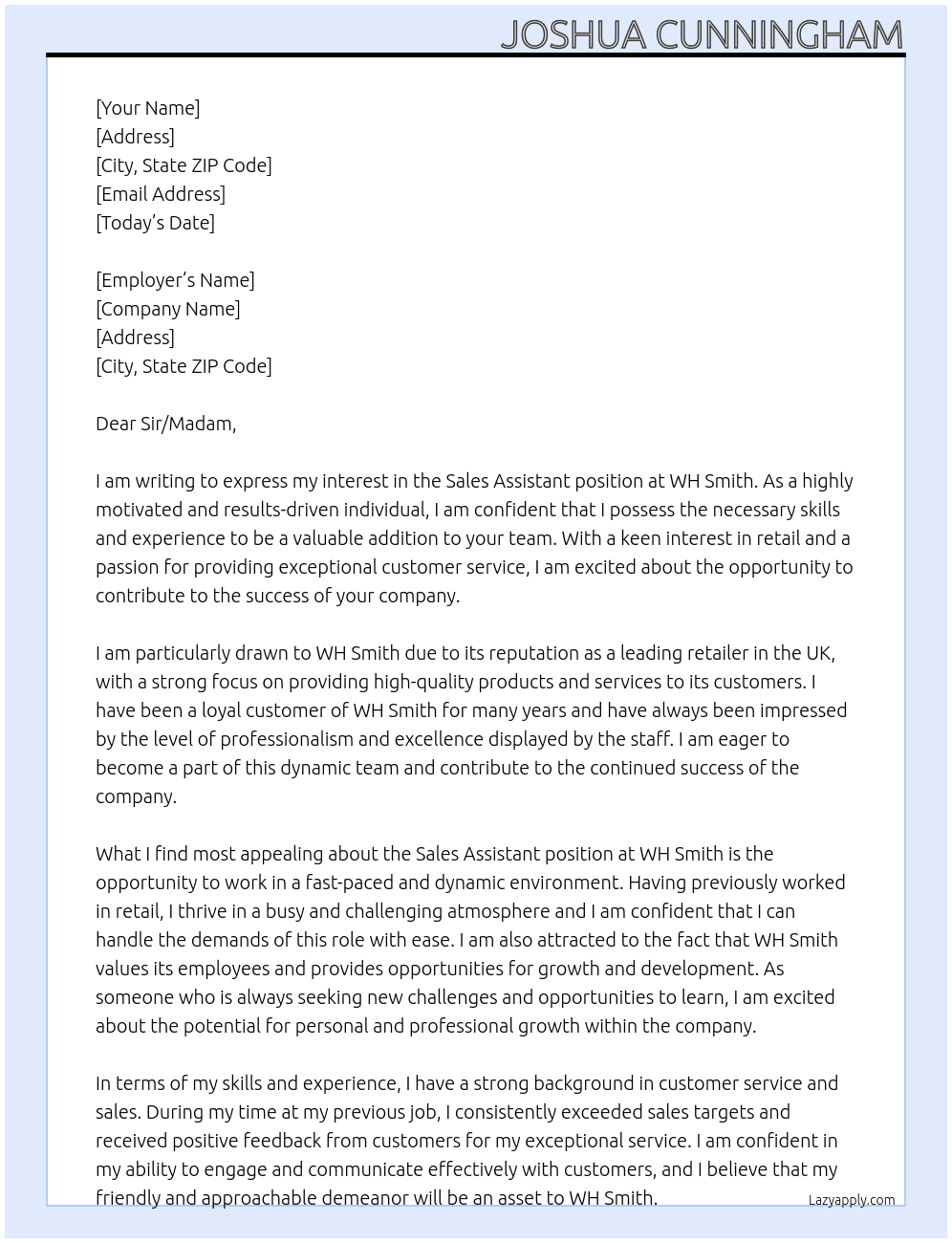 Sales assistant  At WH smith Cover Letter