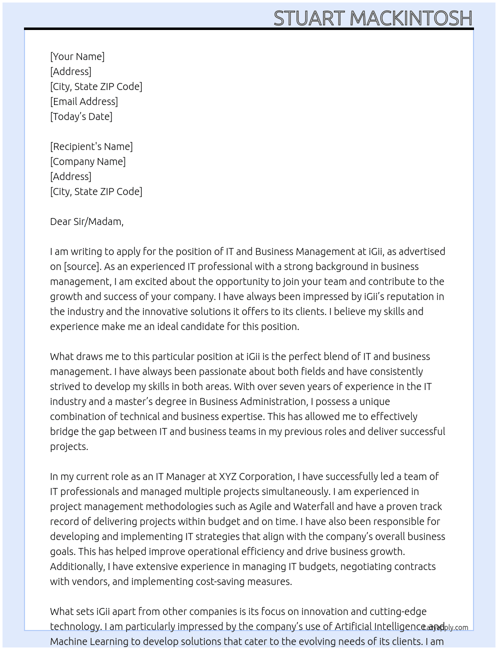 IT and Business Management At iGii Cover Letter