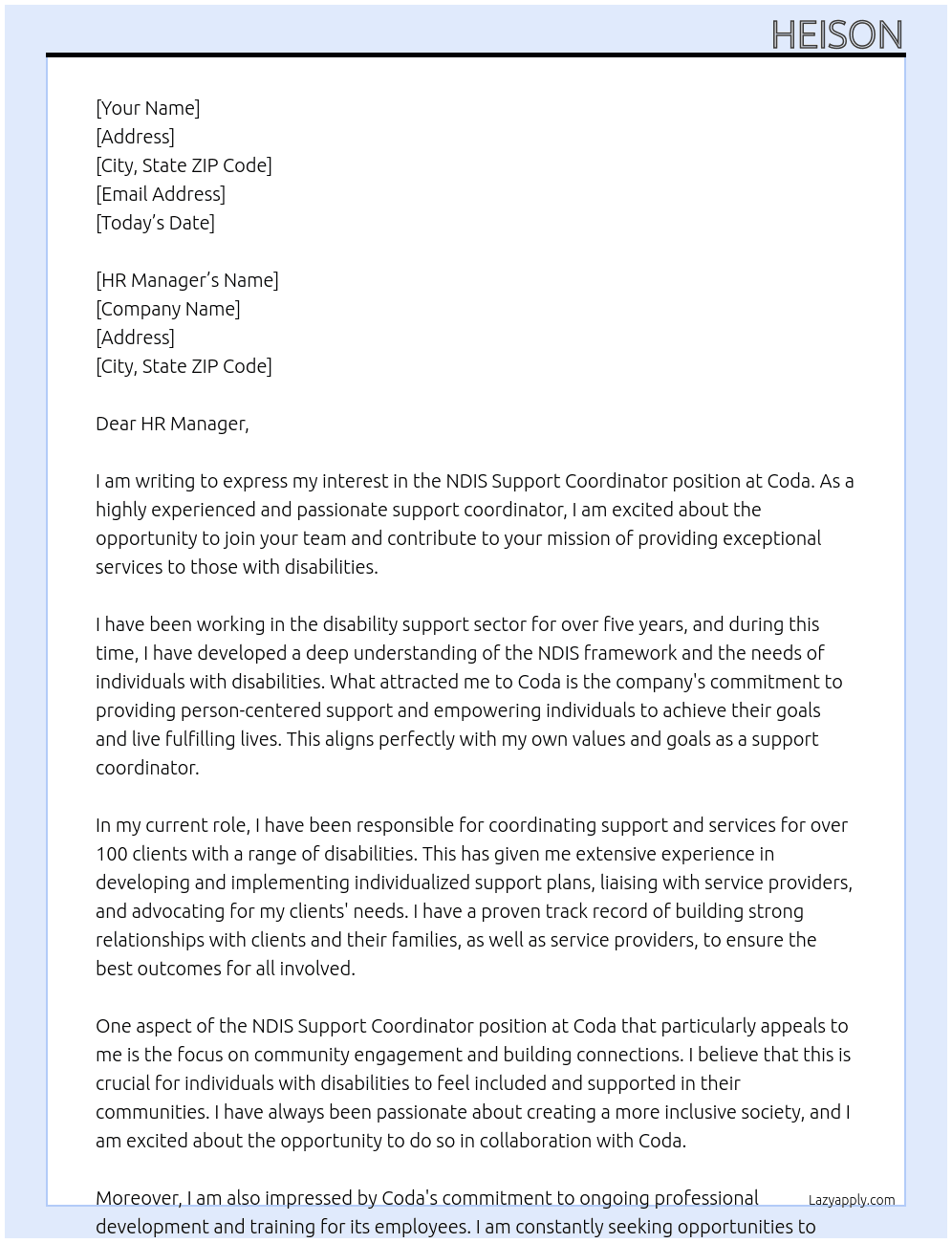 NDIS support coordinator At Coda Cover Letter