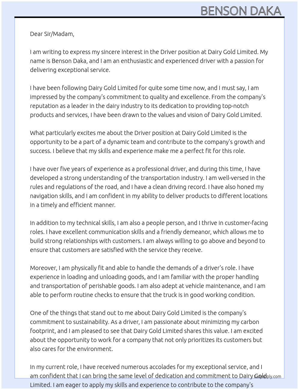 Driver  At Dairy Gold Limited Cover Letter
