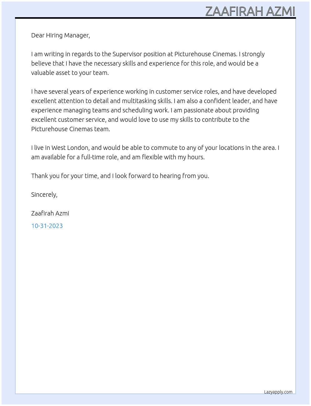 Supervisor At Picturehouse Cinemas Cover Letter