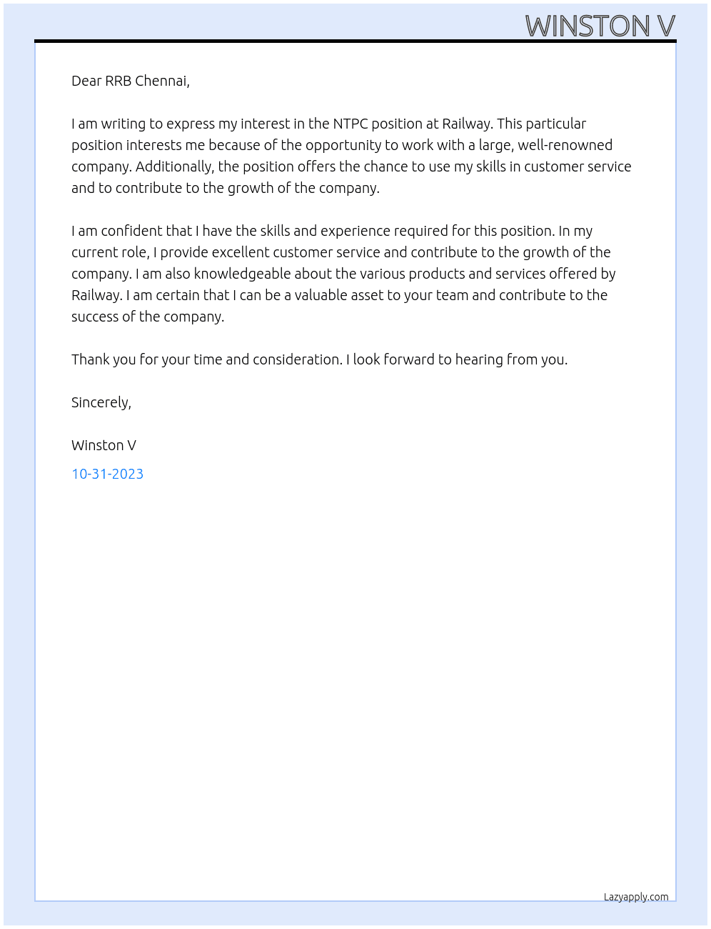 NTPC At Railway Cover Letter