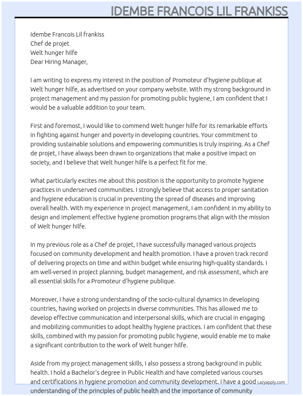 Promoteur d'hygiene publique At Welt hunger hilfe Cover Letter