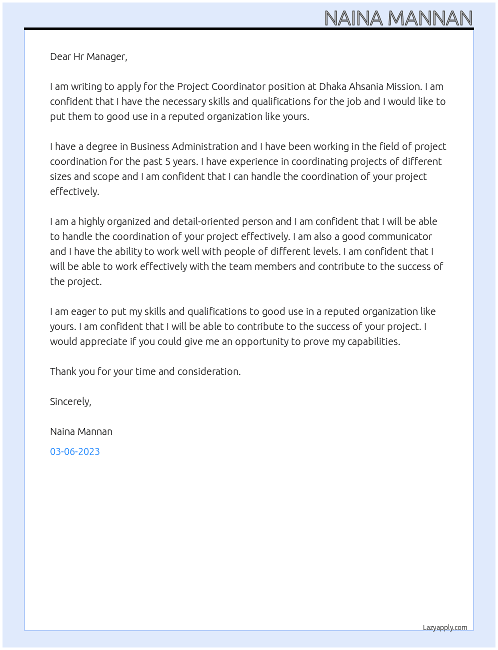 Project Coordinator  At Dhaka Ahsania Missino Cover Letter