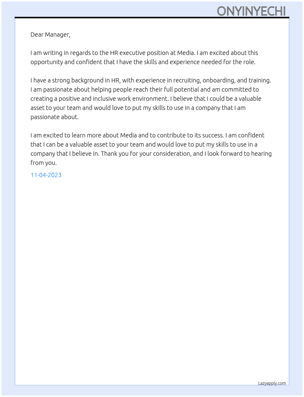 Hr executive  At Media Cover Letter