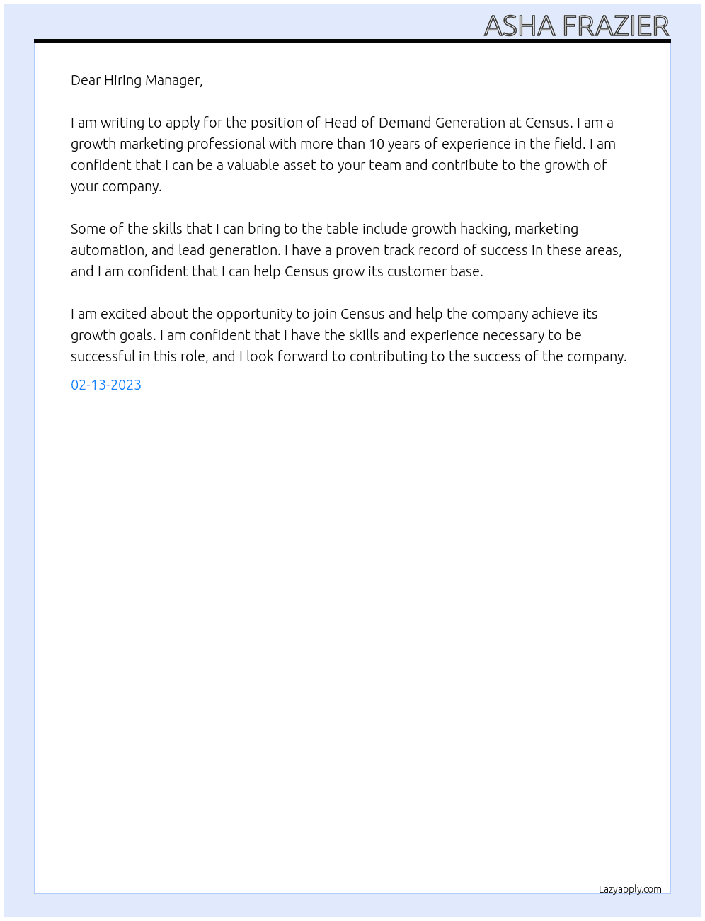 Head of Demand Generation At Census Cover Letter