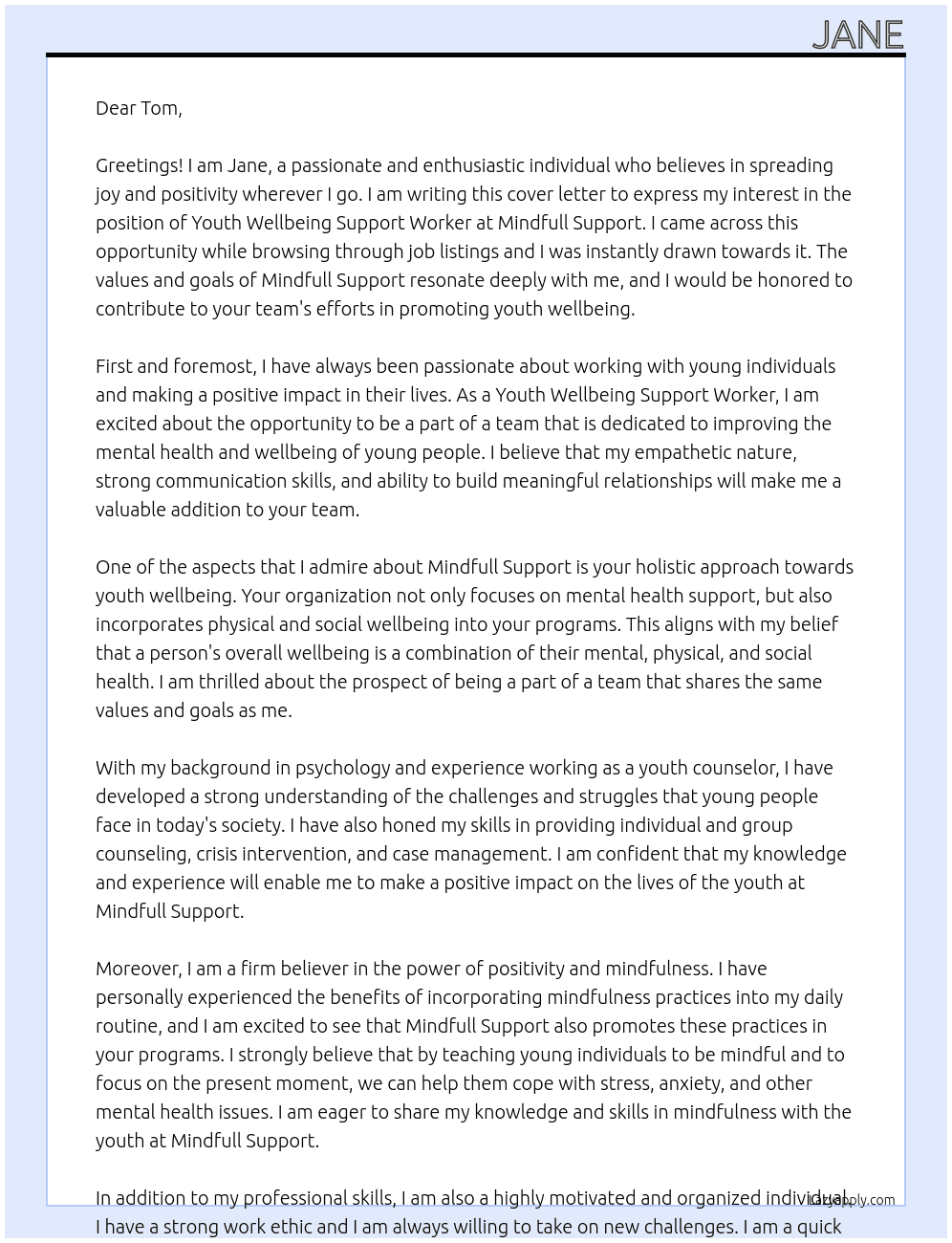 Youth Wellbeing Support Worker At Mindfull Support Cover Letter