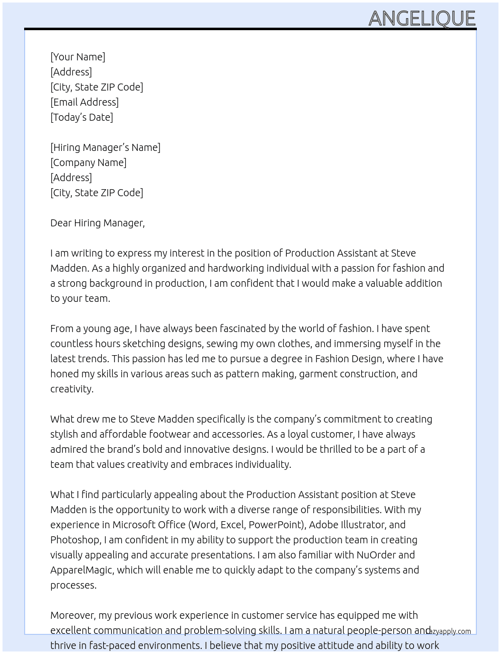 Production Assistant At Steve Madden Cover Letter