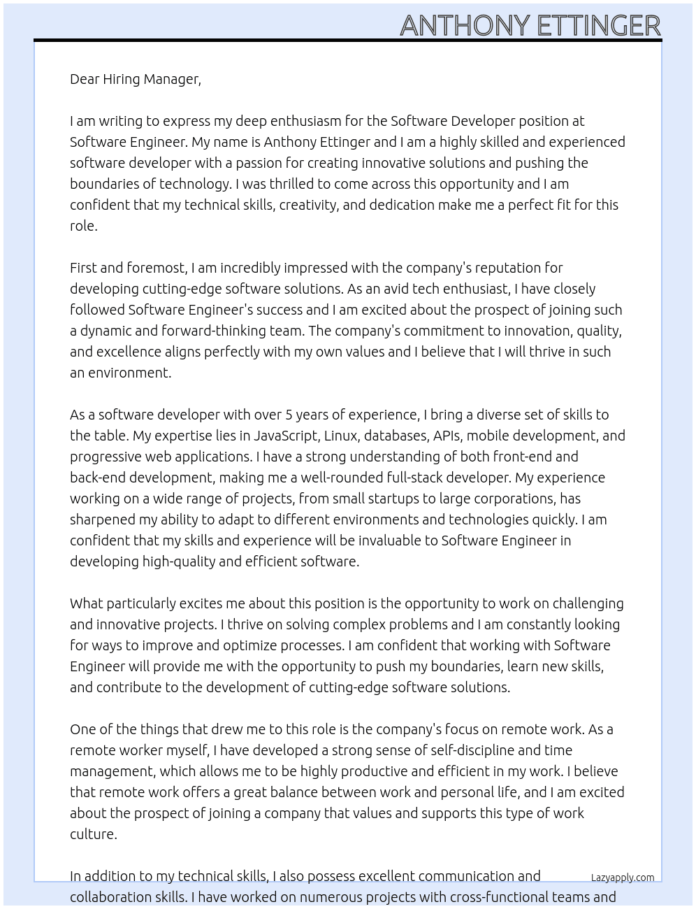 software developer At software engineer Cover Letter