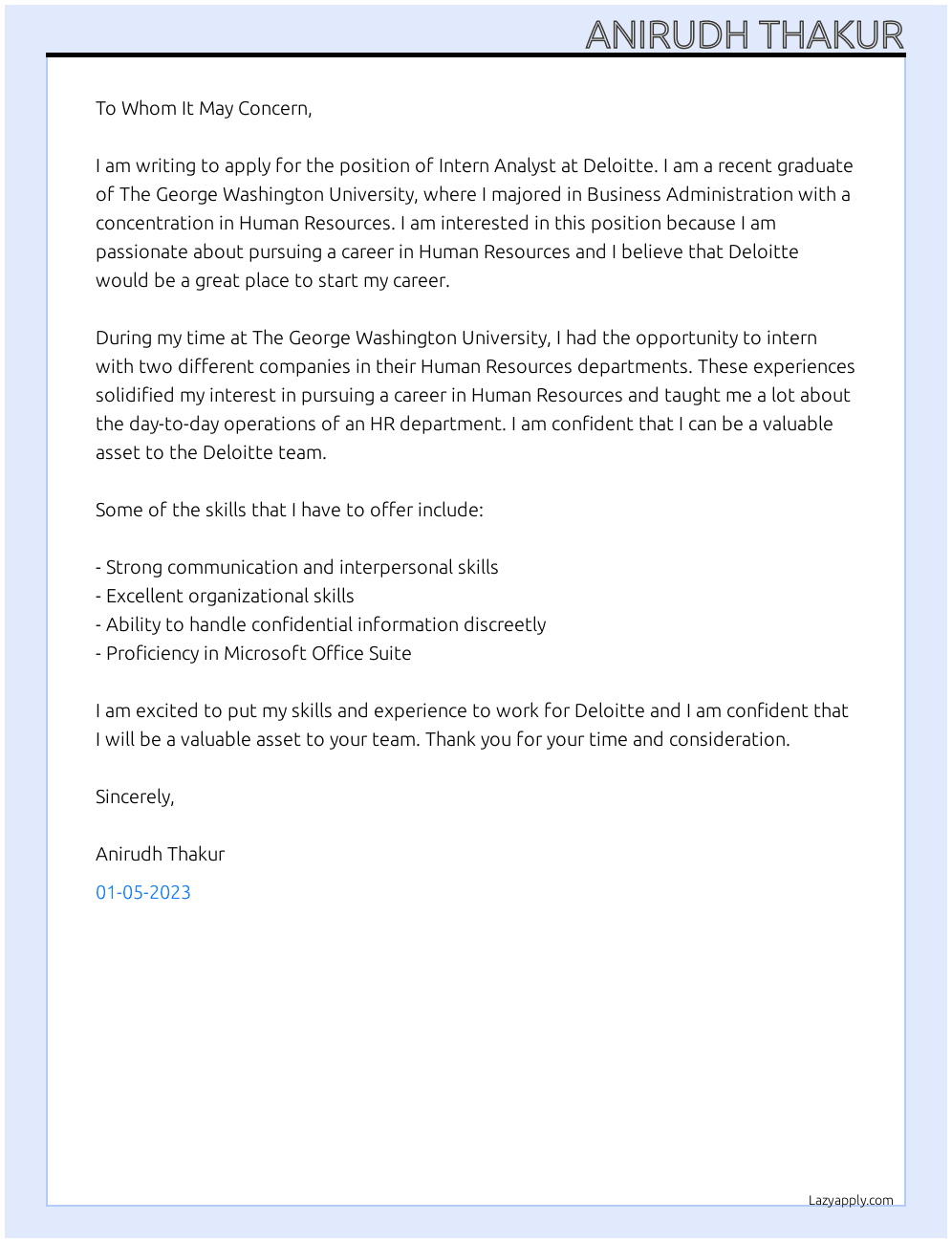 Intern Analyst  At Deloitte Cover Letter