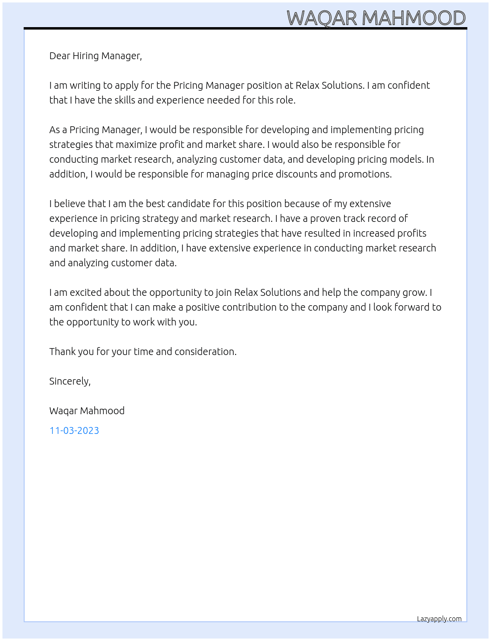 Pricing Manager At Relax Solutions  Cover Letter