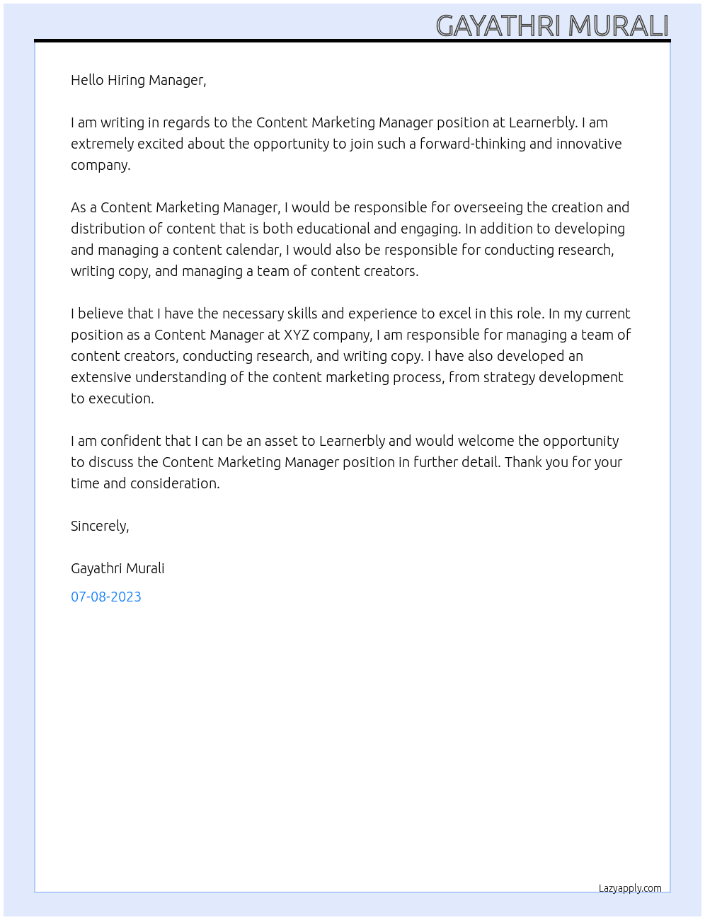 Content Marketing Manager At Learnerbly Cover Letter
