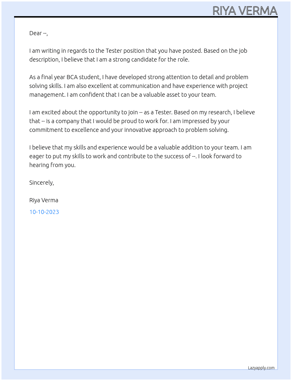 Tester  At -- Cover Letter