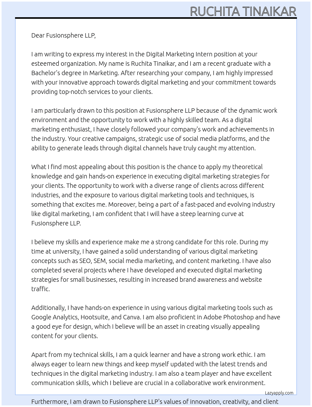 Digital marketing intern At Fusionsphere LLP Cover Letter