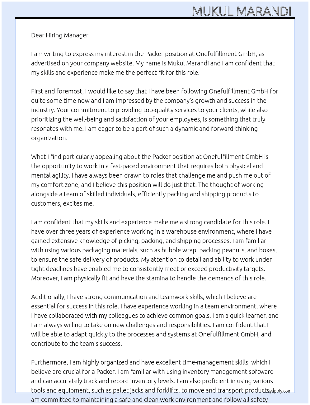 Packer At Onefulfillment GmbH Cover Letter