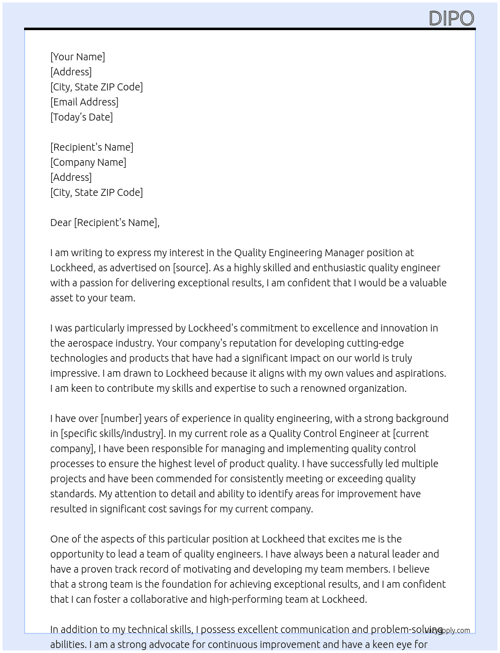 quality engineering manager At Lockheed Cover Letter