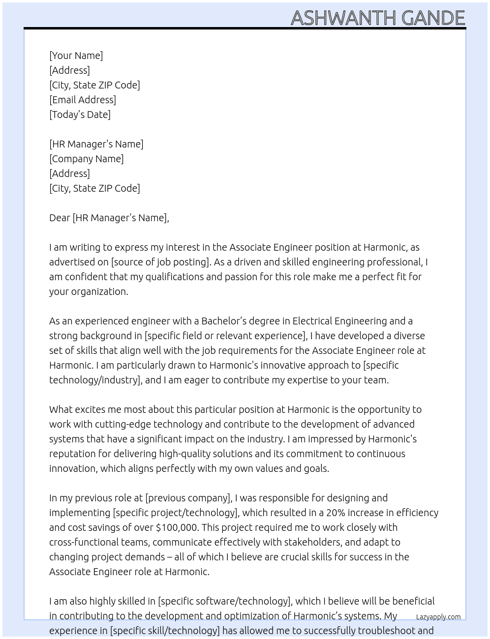 Associate engineer At Harmonic Cover Letter