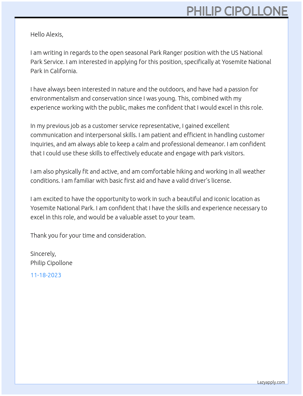 park ranger At US National Park Service Cover Letter