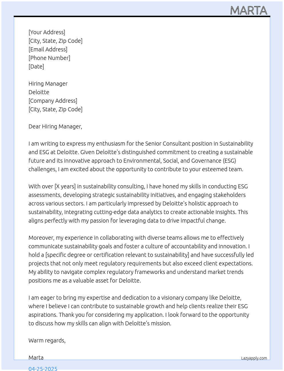 Cover letter for senior consultant to sustainability and esg - LazyApply