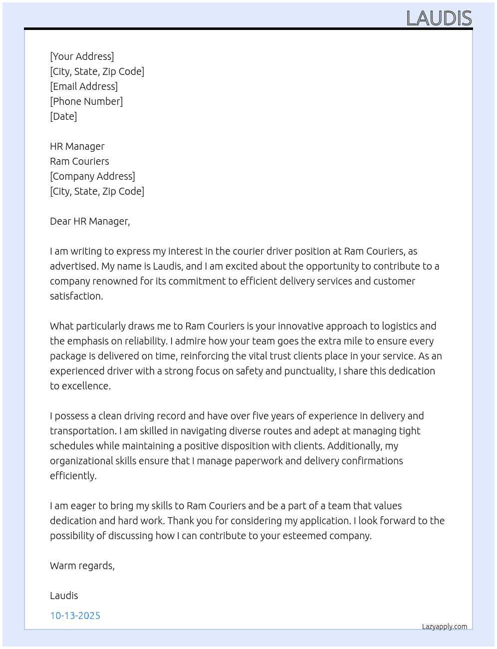 courier driver At Ram Couriers Cover Letter