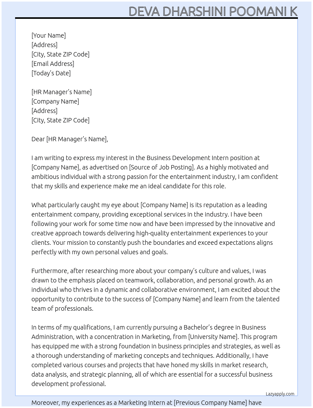 Business development Intern At hr@redcherryentertainment.in Cover Letter