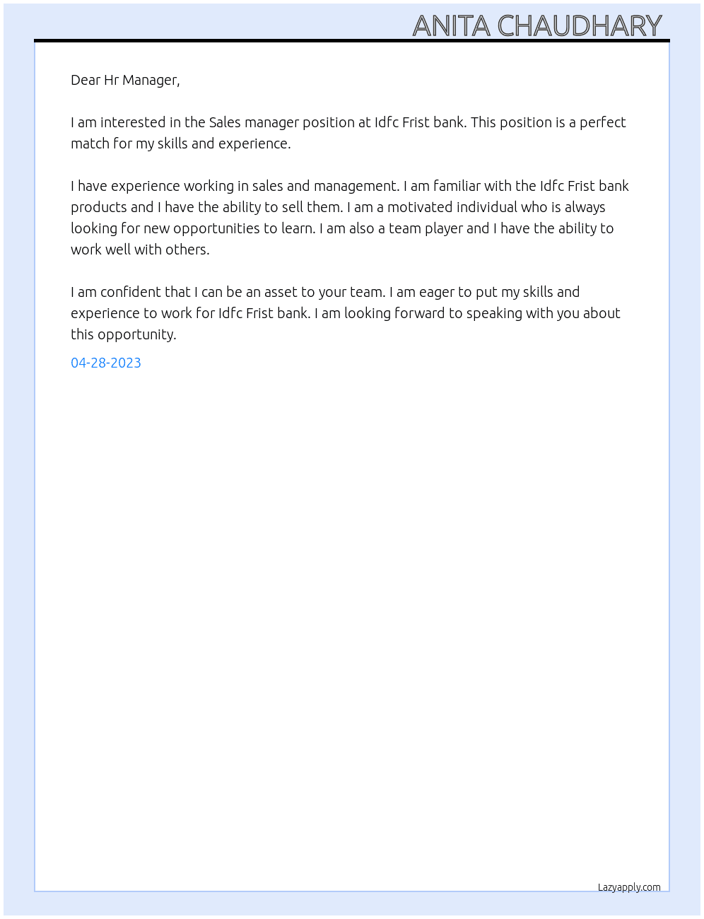 Sales manager  At Idfc Frist bank  Cover Letter