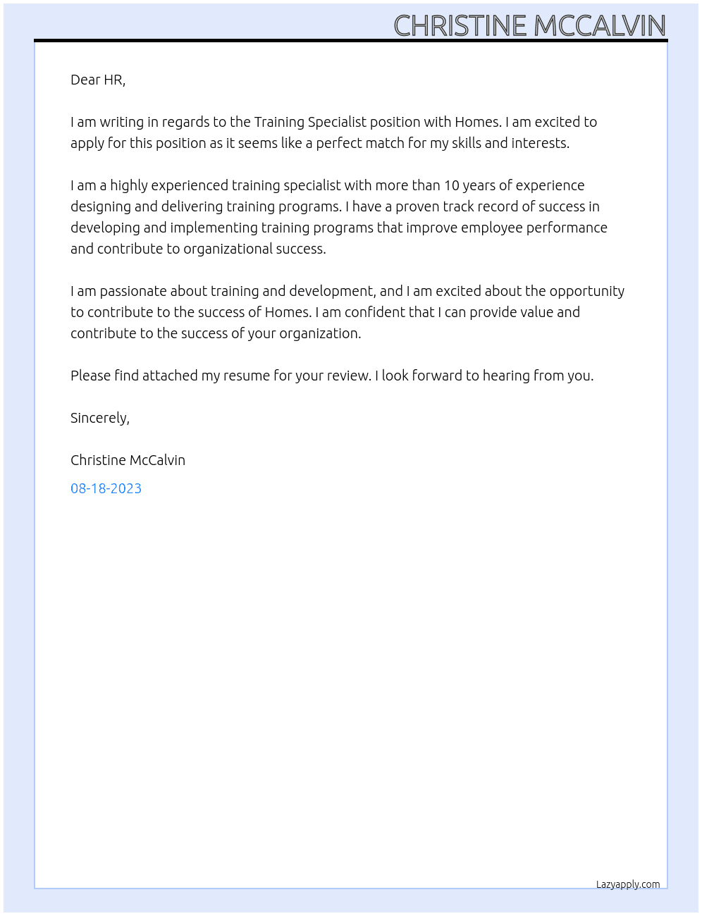 Training Specialist At Homes Cover Letter
