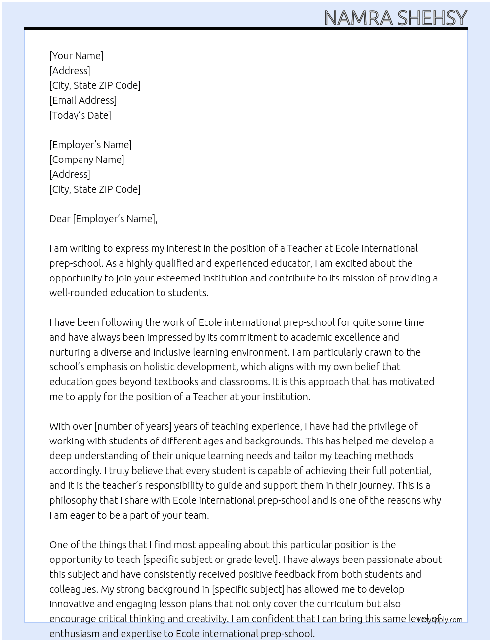 Teacher At Ecole international prep-school  Cover Letter